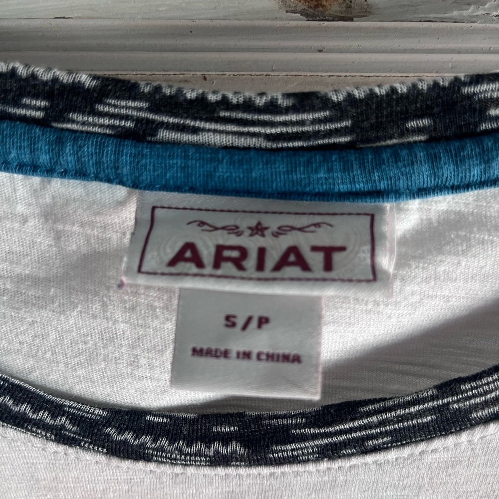 Ariat White Raglan Tee with Black Patterned Sleeves and Route 66 Graphic - Picture 2 of 2